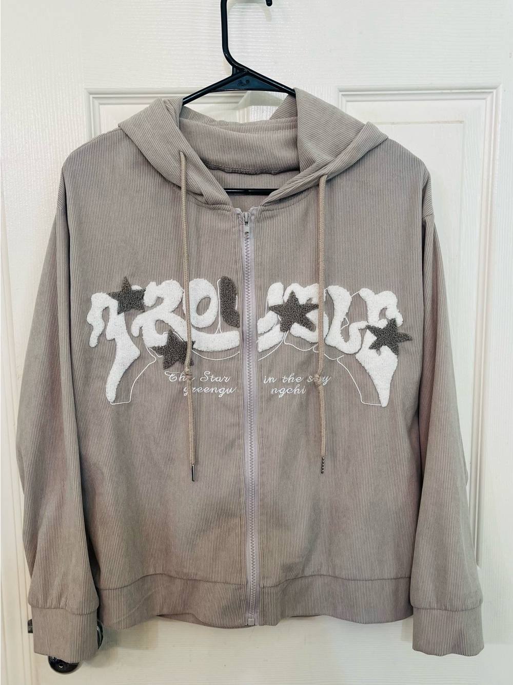 SHEIN Taupe Ribbed Zip Up Hoodie Star Graphic Small